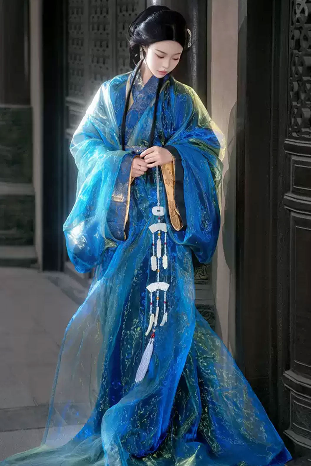Warring states robe blue straight hem robe with train - zhanying 湛影