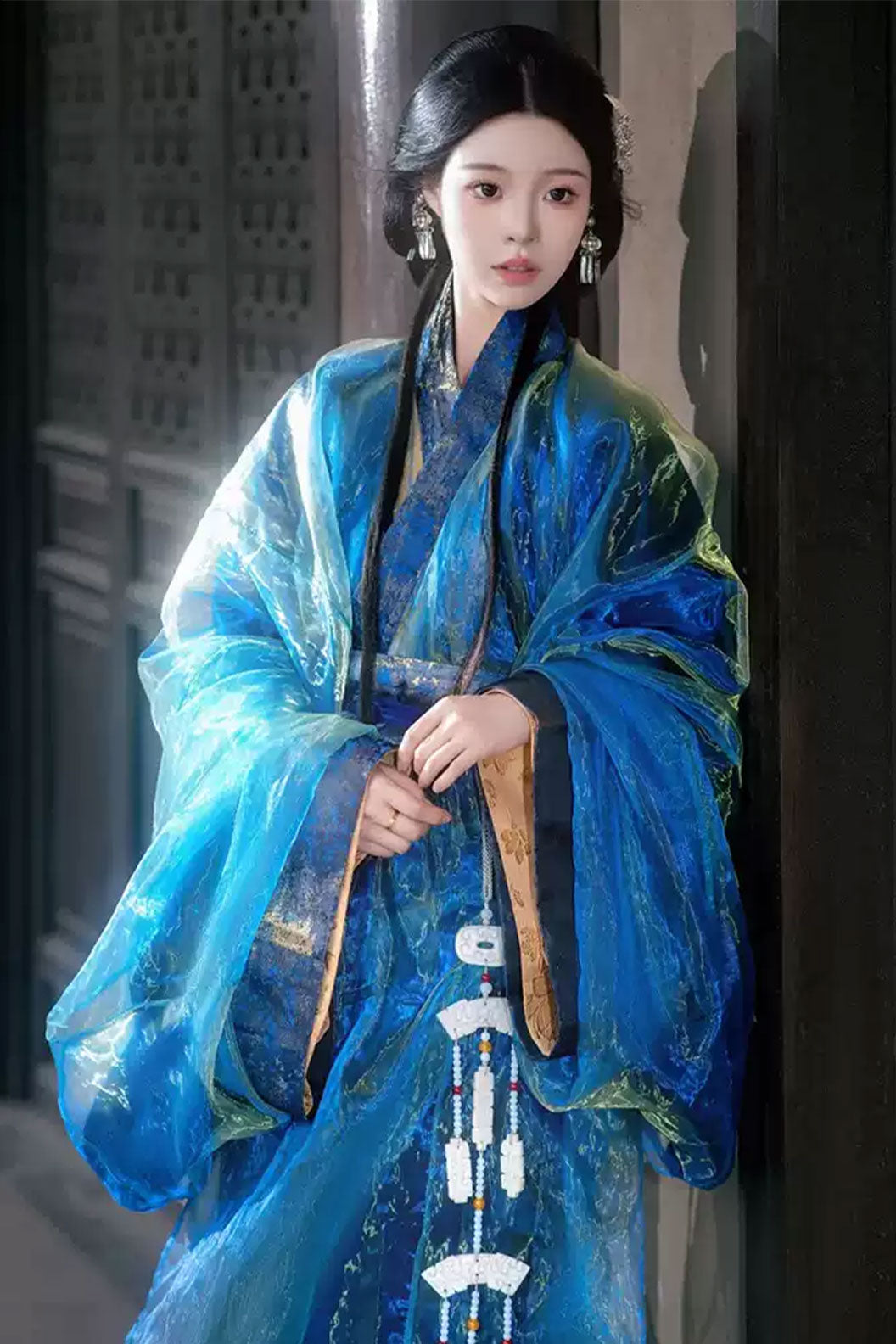 Warring states robe blue straight hem robe with train - zhanying 湛影