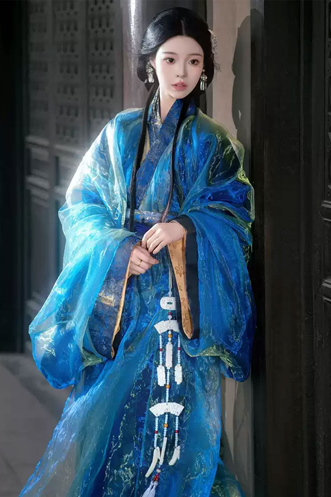 Warring states robe blue straight hem robe with train - zhanying 湛影