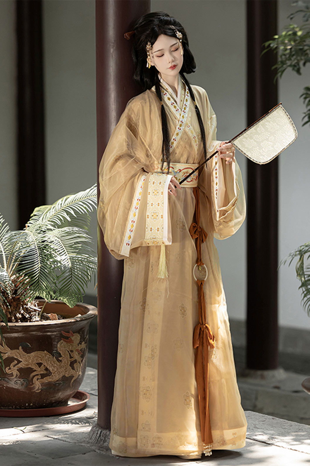 Warring States Robe Clothing Trailing Hem Cross Collar Yellow Red Hanfu Dress - bunian 不念