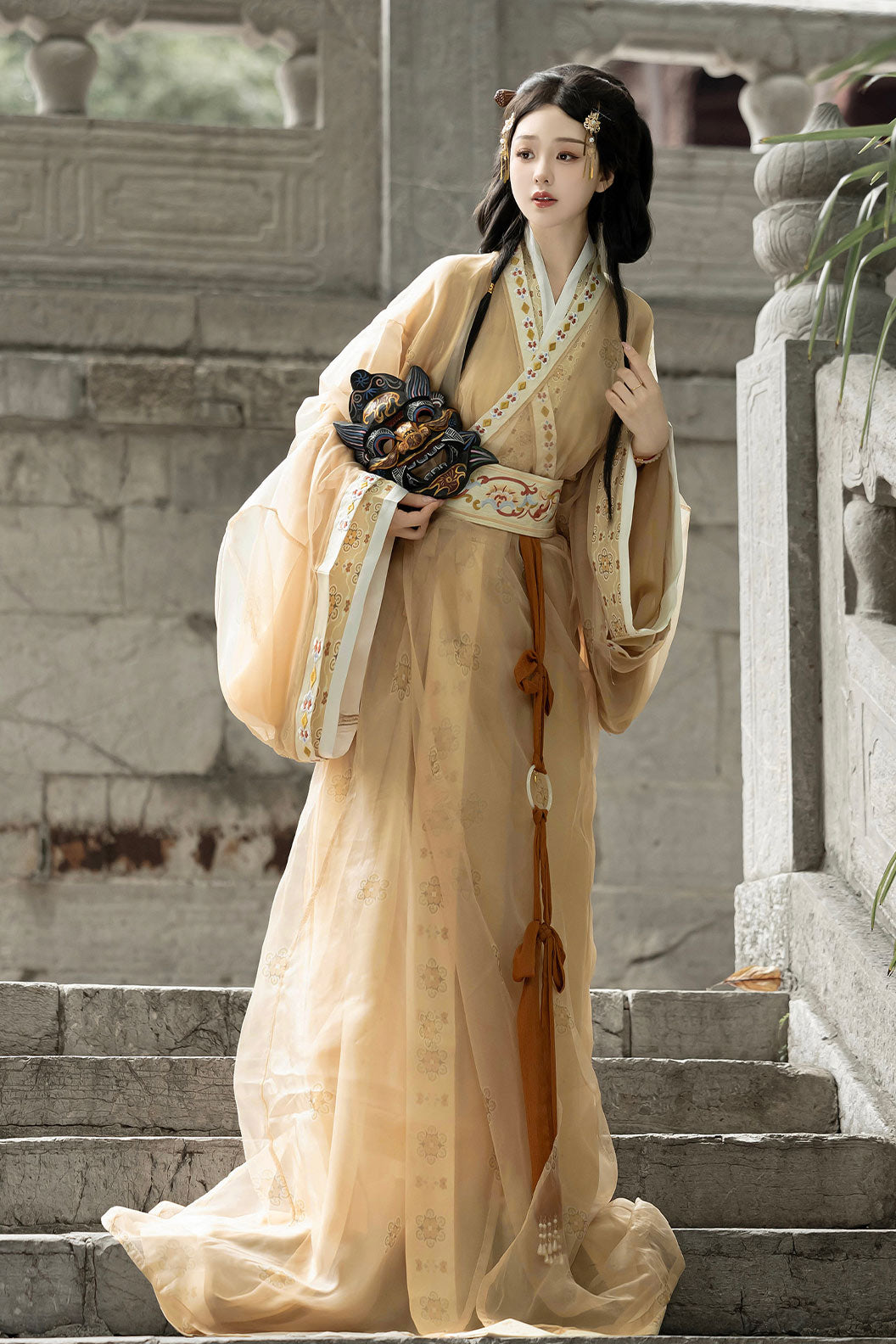 Warring States Robe Clothing Trailing Hem Cross Collar Yellow Red Hanfu Dress - bunian 不念
