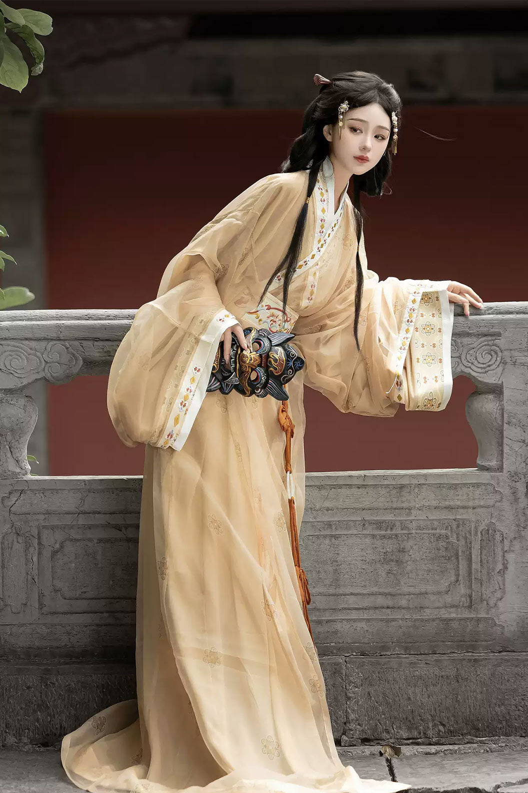 Warring States Robe Clothing Trailing Hem Cross Collar Yellow Red Hanfu Dress - bunian 不念