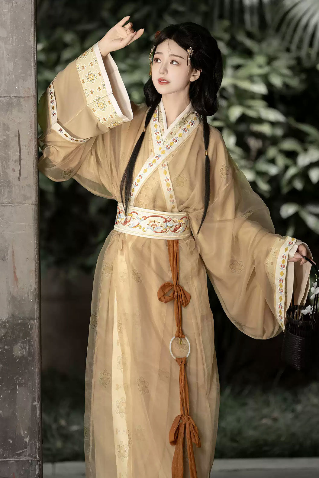 Warring States Robe Clothing Trailing Hem Cross Collar Yellow Red Hanfu Dress - bunian 不念