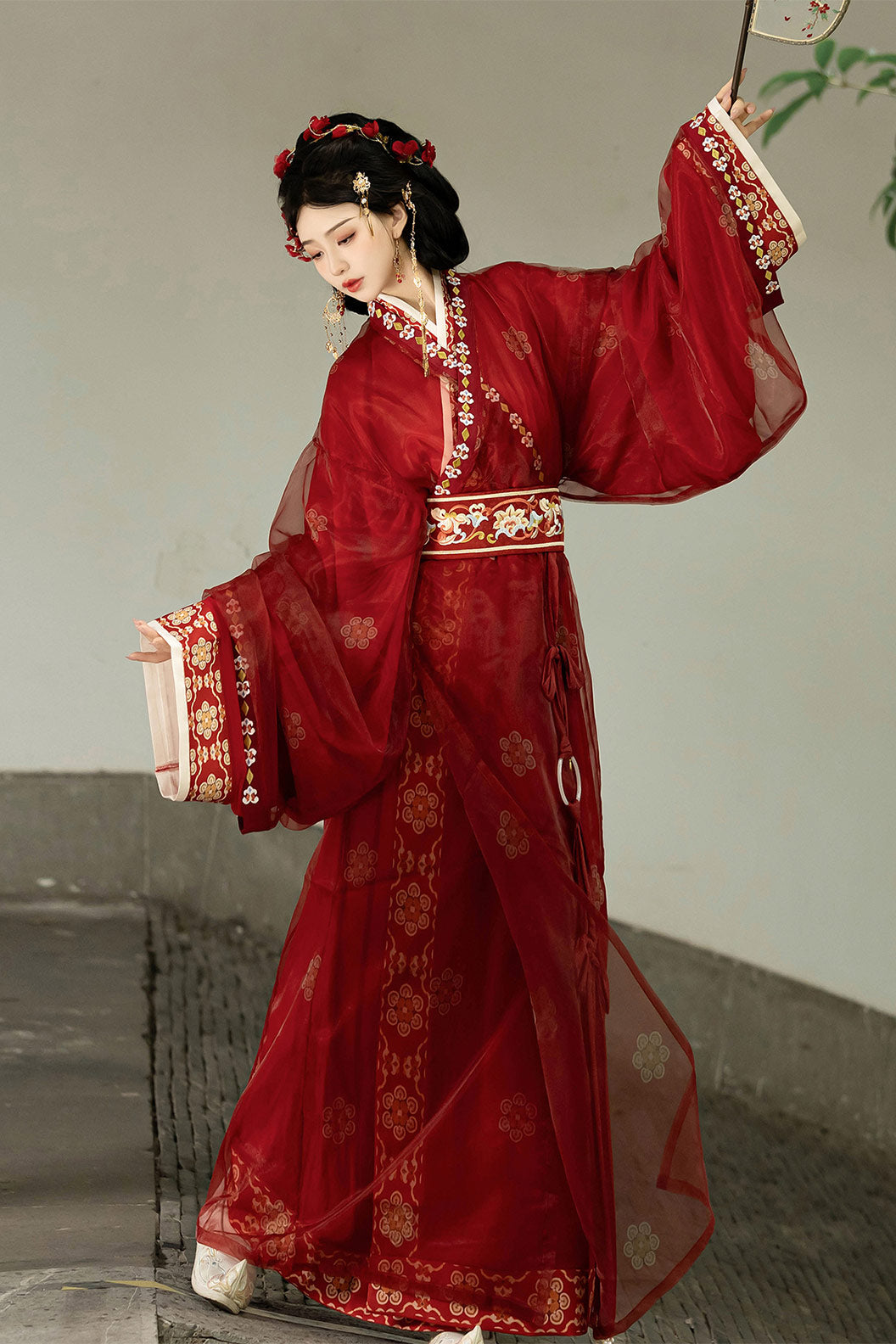 Warring States Robe Clothing Trailing Hem Cross Collar Yellow Red Hanfu Dress - bunian 不念
