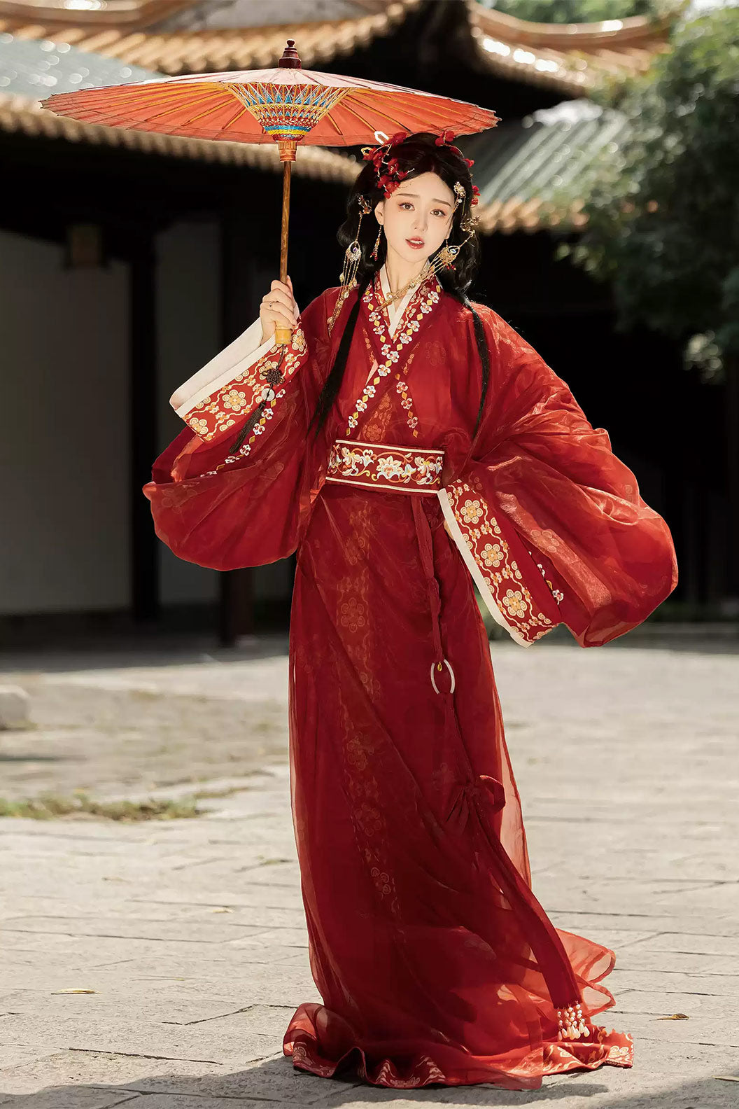 Warring States Robe Clothing Trailing Hem Cross Collar Yellow Red Hanfu Dress - bunian 不念