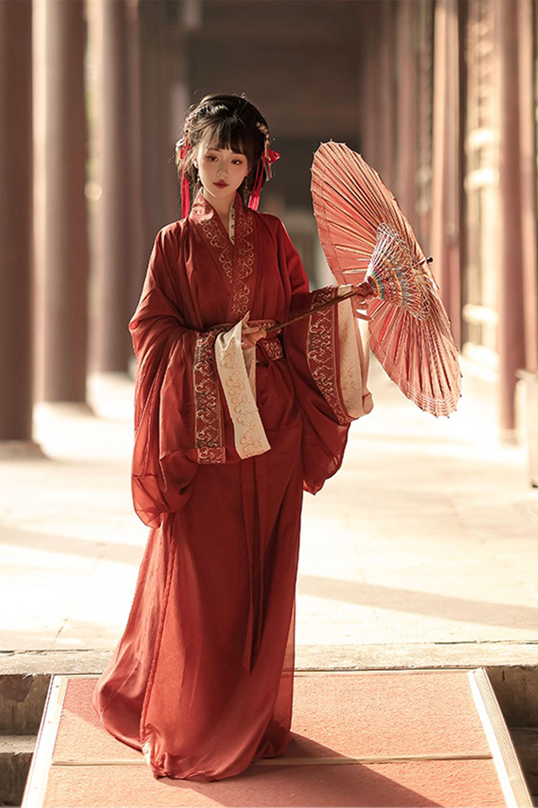 Warring states robe red straight hem robe for autumn - shenming 神明