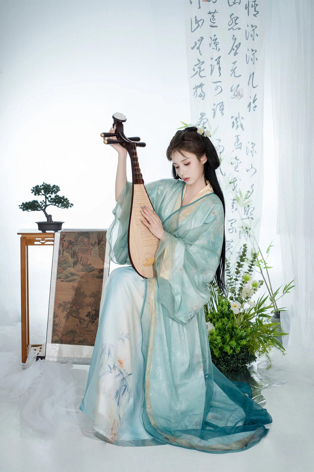 Warring States Robe Cyan-Blue Robe with Embroidery and Waist Belt - zuiyu 醉玉