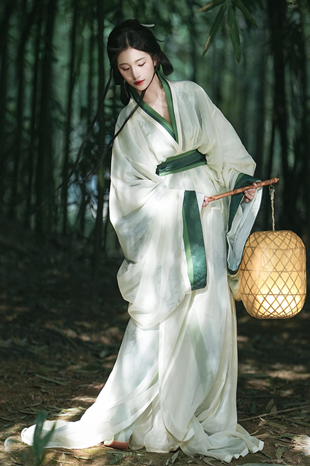 Warring States Robe White Green Double Layer Zhiju with Trailing Hem - qingyuan 青玉案