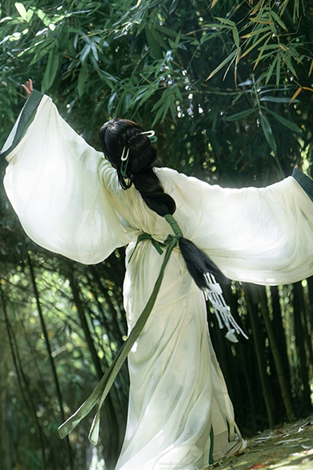 Warring States Robe White Green Double Layer Zhiju with Trailing Hem - qingyuan 青玉案