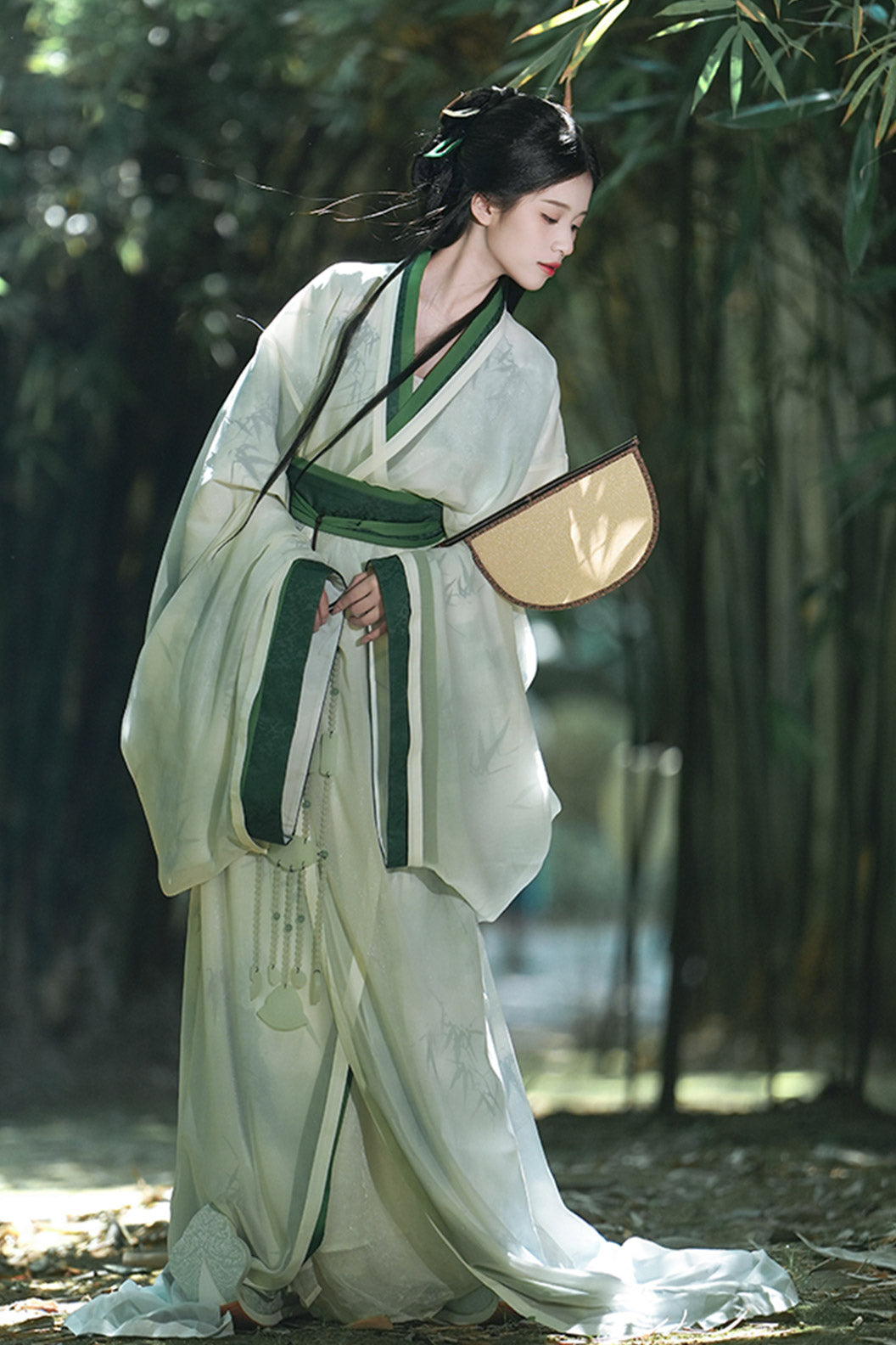 Warring States Robe White Green Double Layer Zhiju with Trailing Hem - qingyuan 青玉案