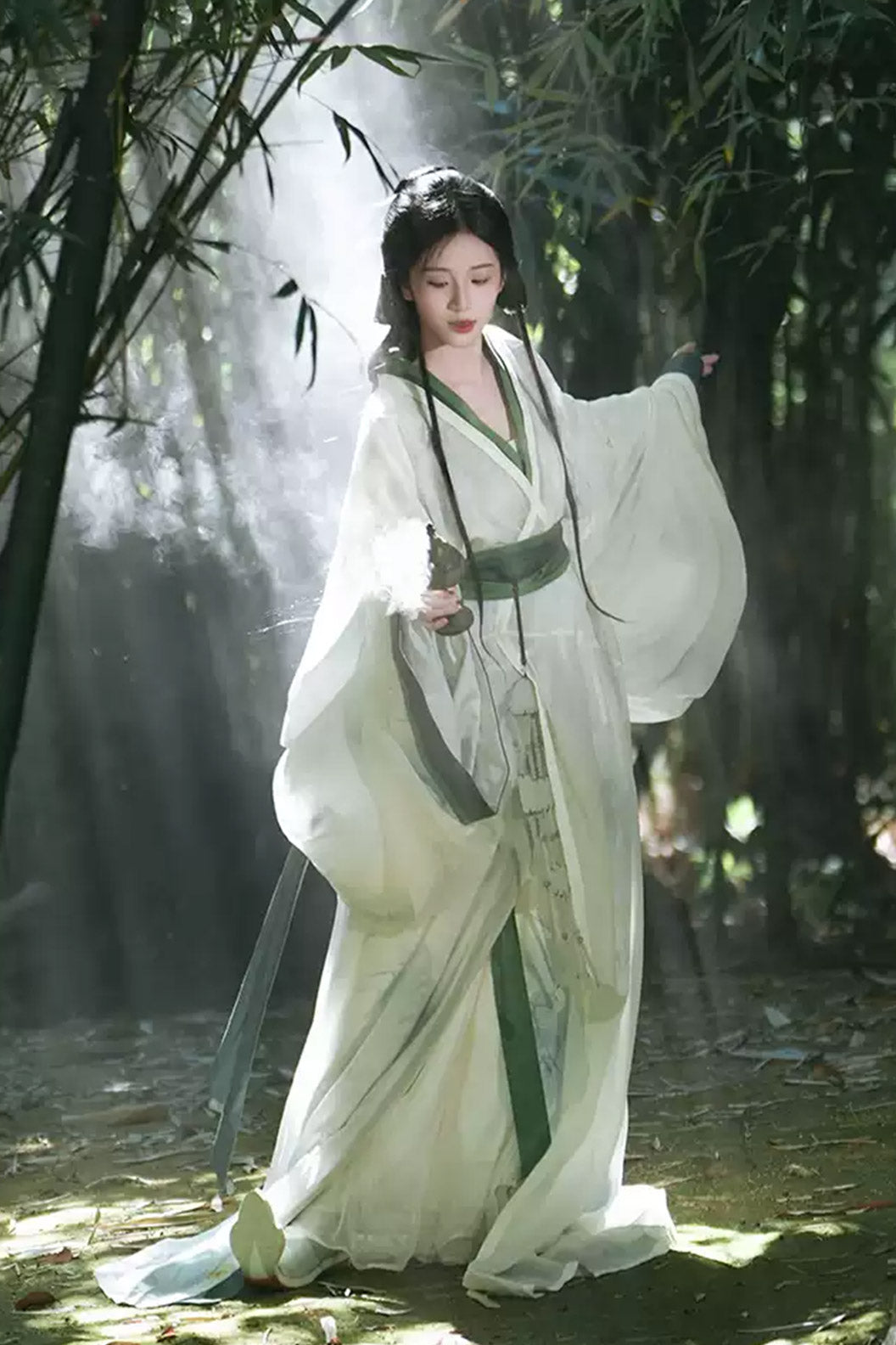 Warring States Robe White Green Double Layer Zhiju with Trailing Hem - qingyuan 青玉案