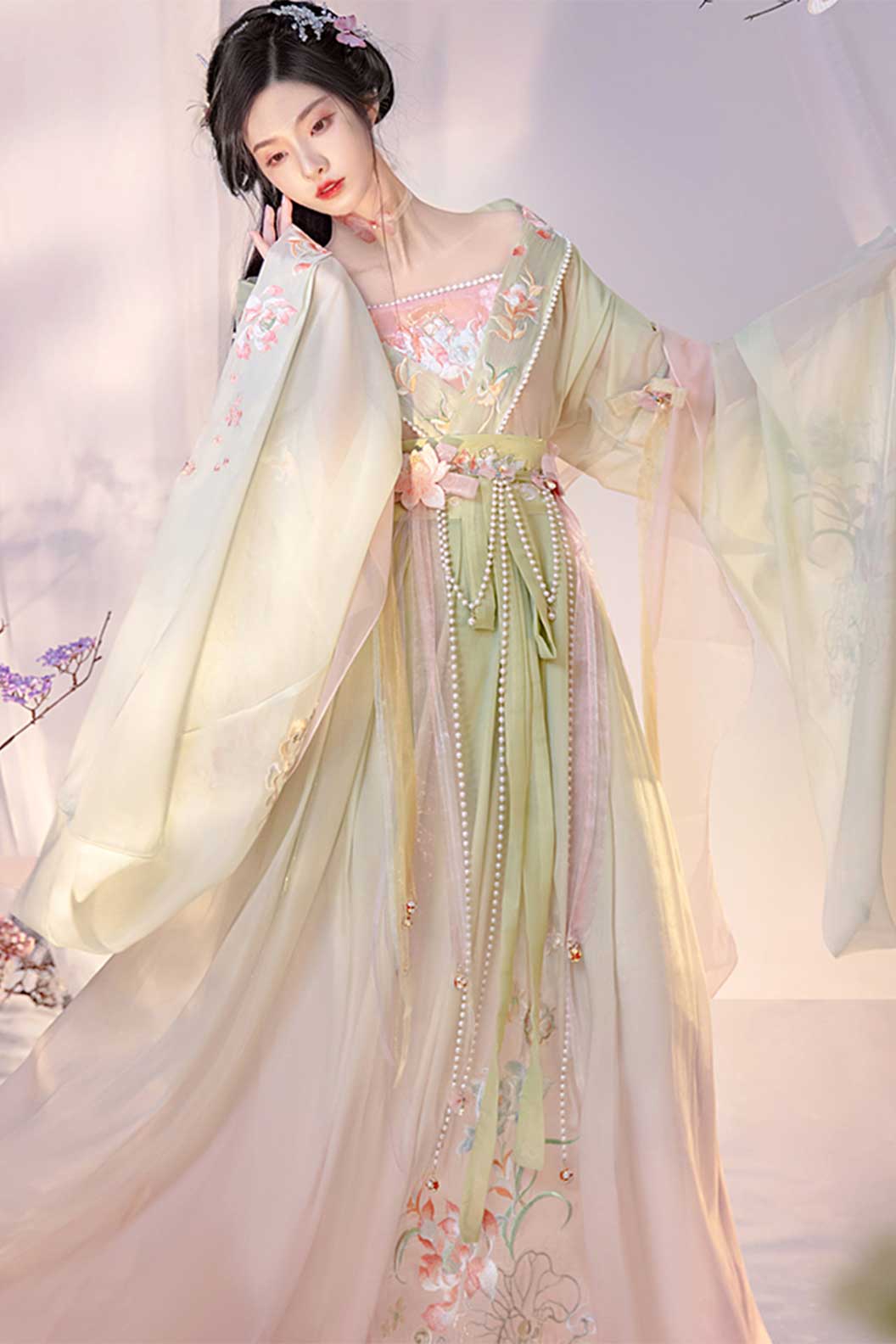 Wei Jin dynasty gorgeous embroidery with pearl accessories sweet hanfu dress - lianshengwanwu 莲生万物
