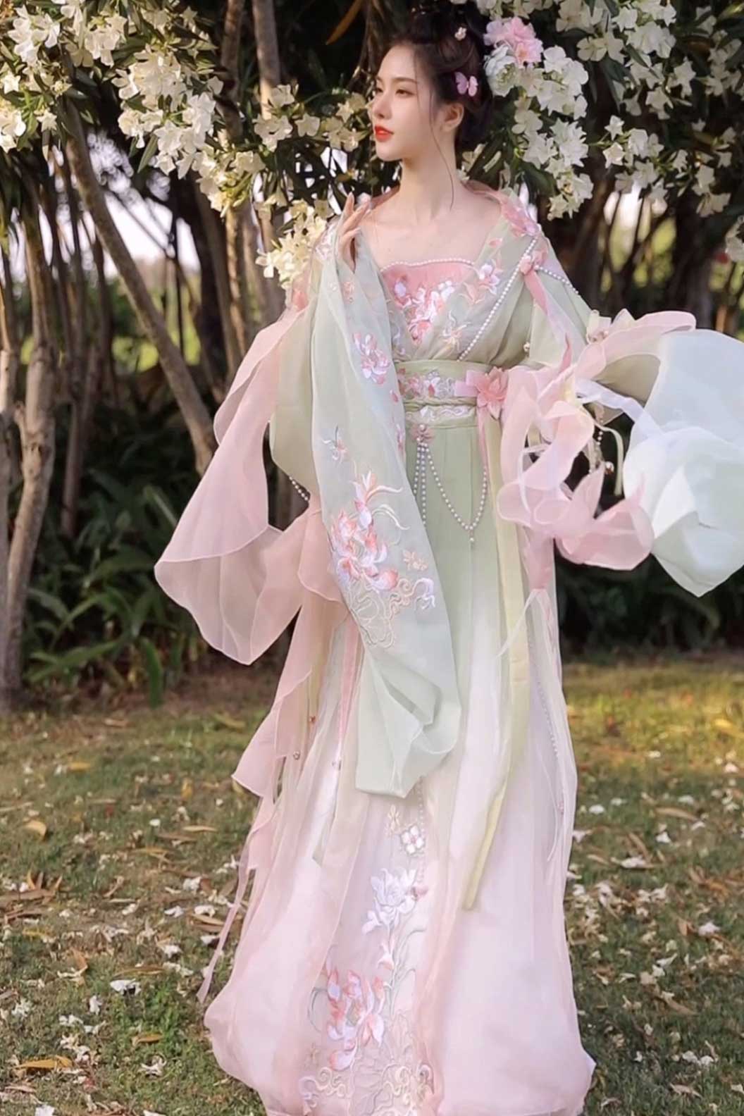 Wei Jin dynasty gorgeous embroidery with pearl accessories sweet hanfu dress - lianshengwanwu 莲生万物