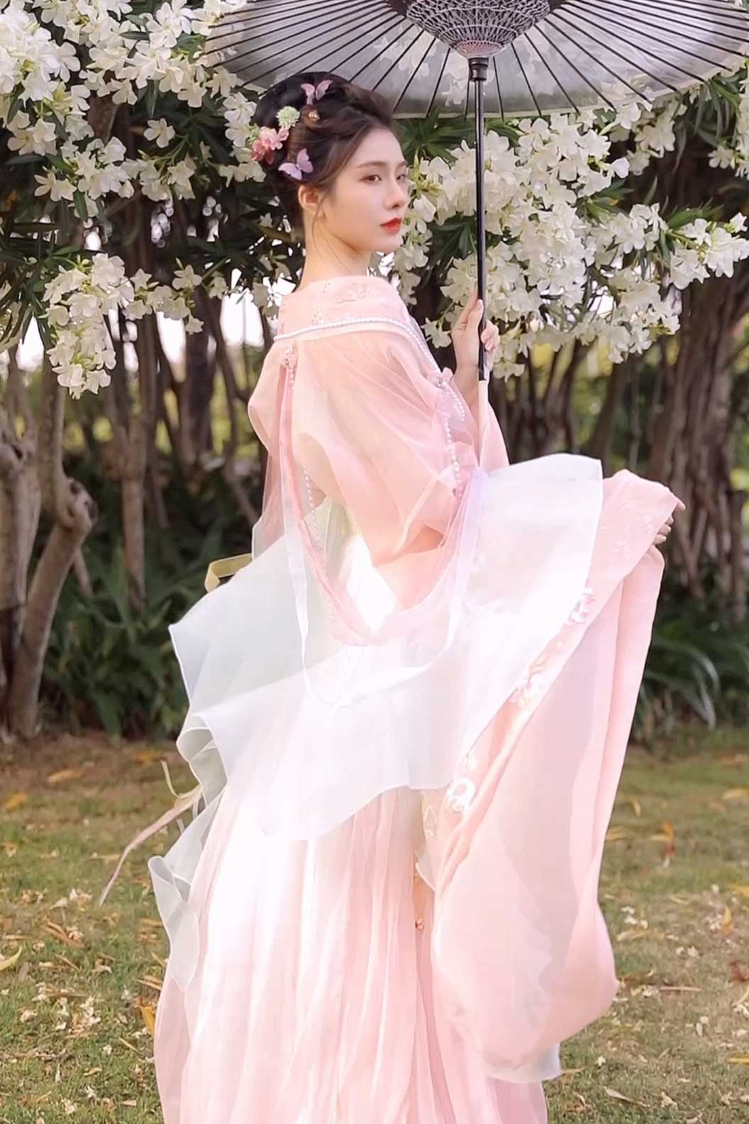 Wei Jin dynasty gorgeous embroidery with pearl accessories sweet hanfu dress - lianshengwanwu 莲生万物