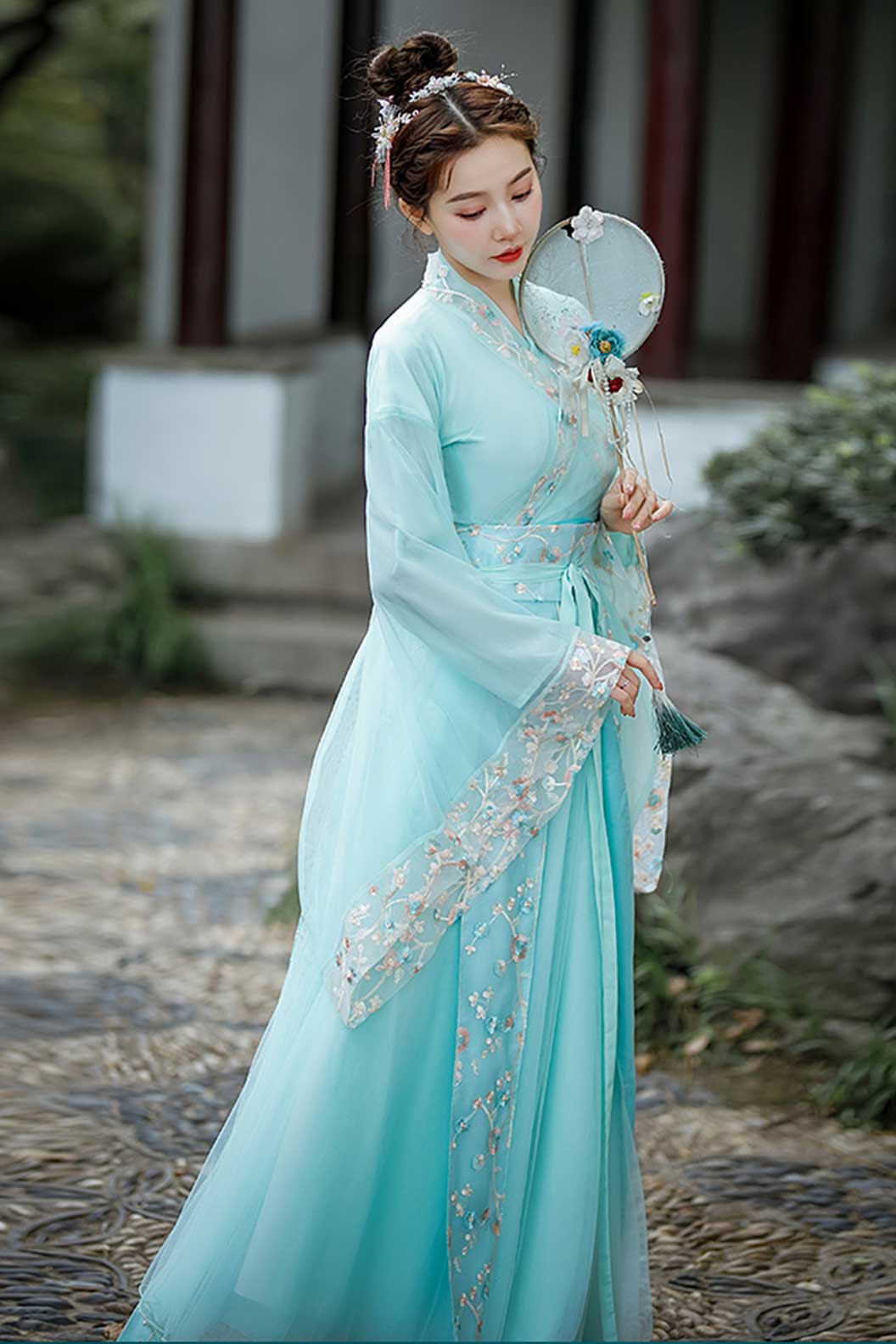 Wei Jin dynasty  hanfu green butterfly love flower embroidered sweet hanfu dress with wide sleeve - dielianhua 蝶恋花