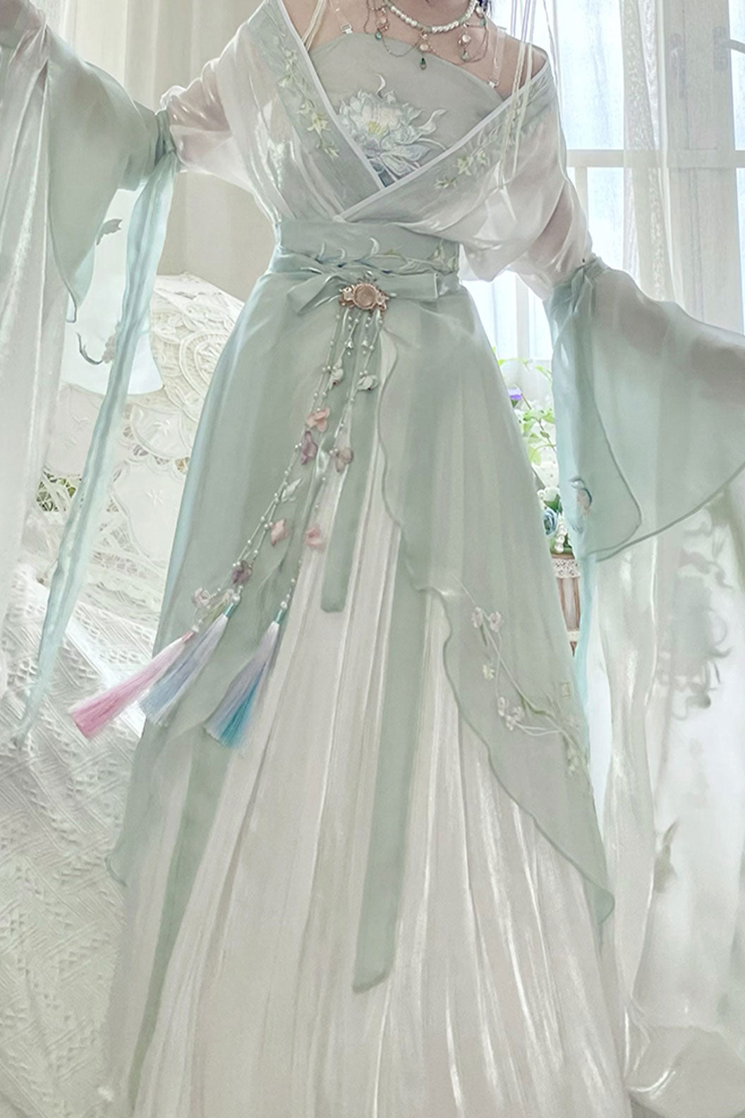 Wei Jin dynasty green high waisted print embroidery sweet hanfu dress - jieyou 解忧