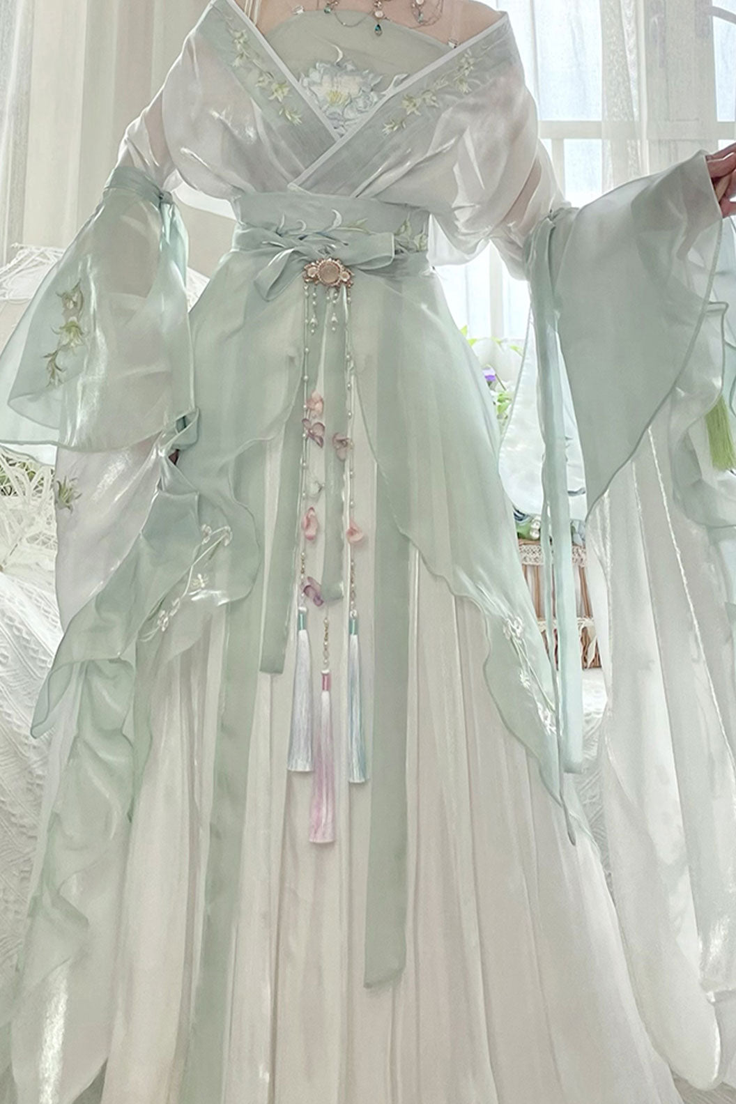 Wei Jin dynasty green high waisted print embroidery sweet hanfu dress - jieyou 解忧