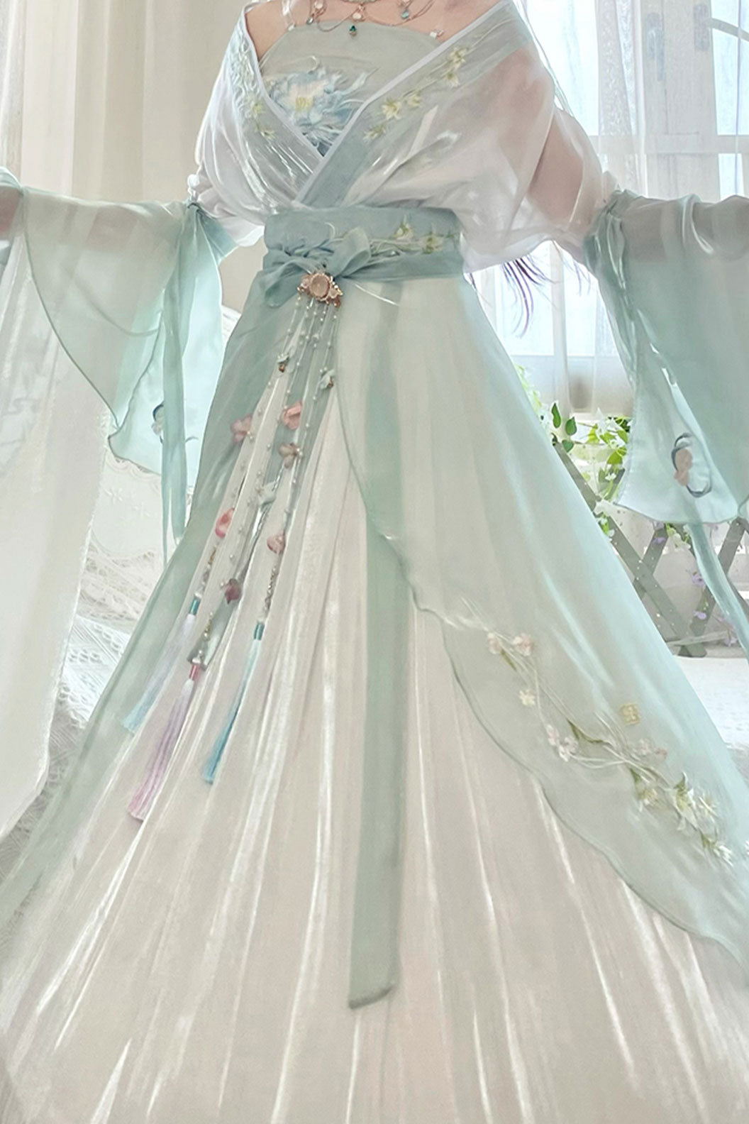 Wei Jin dynasty green high waisted print embroidery sweet hanfu dress - jieyou 解忧