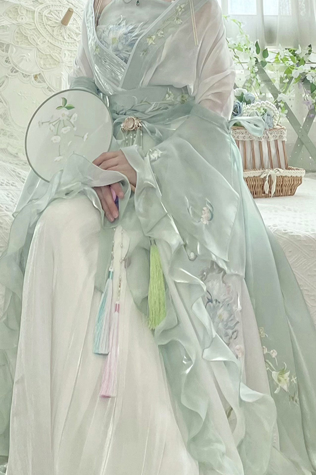 Wei Jin dynasty green high waisted print embroidery sweet hanfu dress - jieyou 解忧