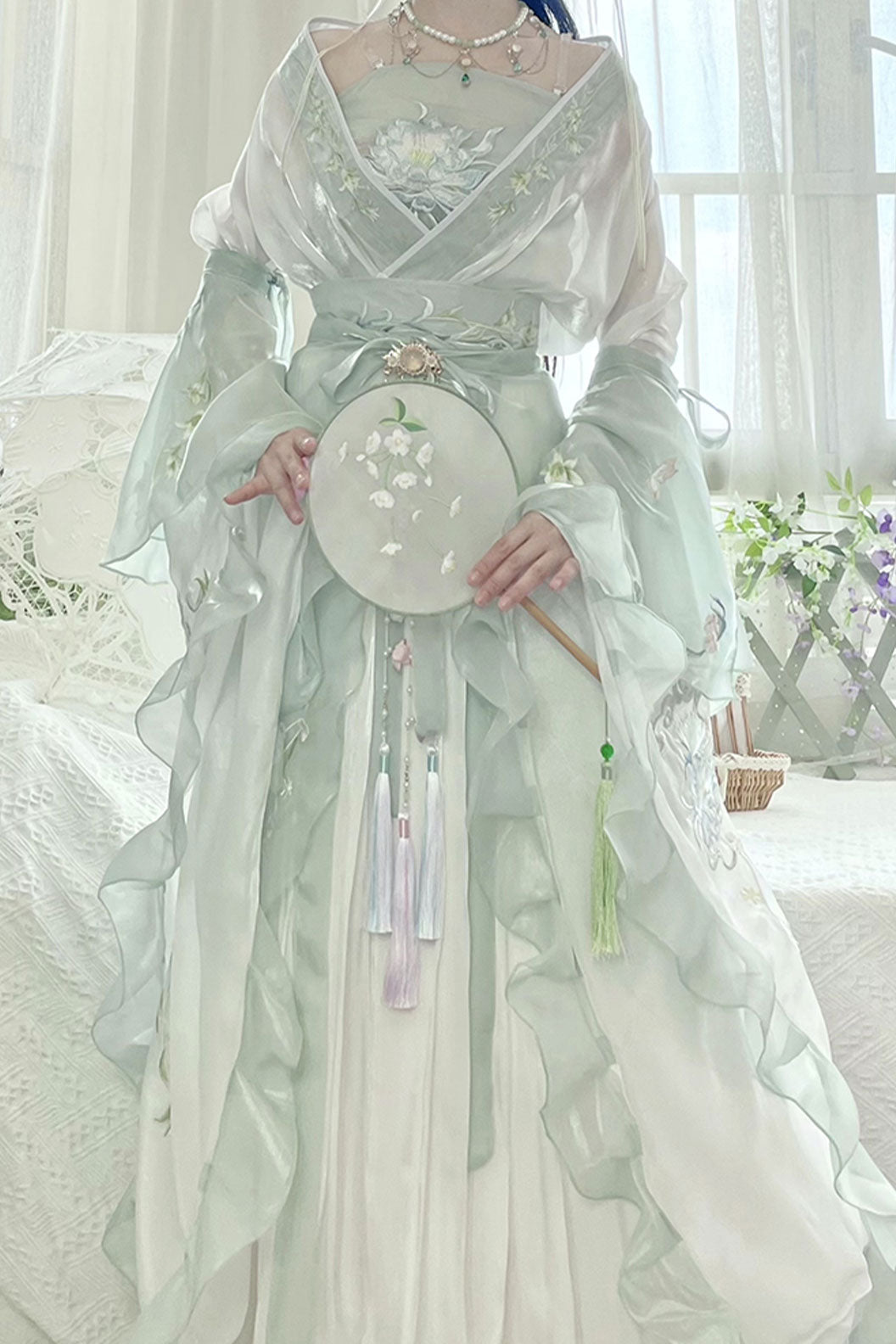 Wei Jin dynasty green high waisted print embroidery sweet hanfu dress - jieyou 解忧