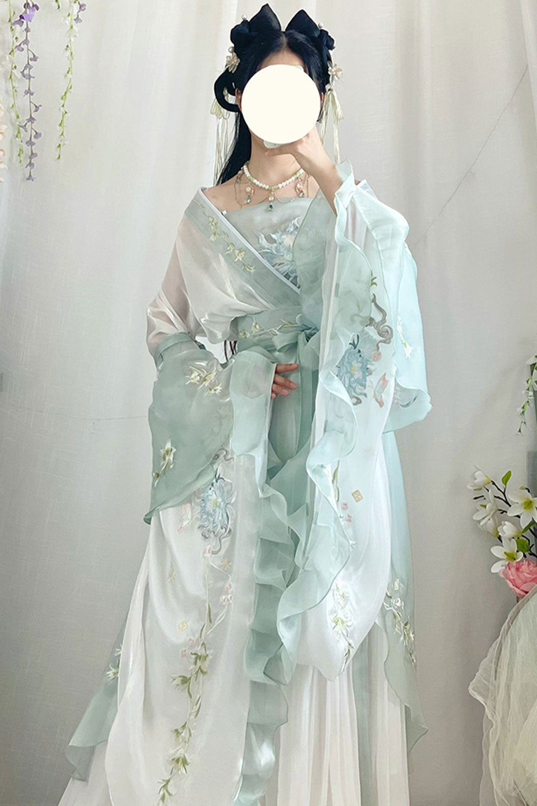 Wei Jin dynasty green high waisted print embroidery sweet hanfu dress - jieyou 解忧