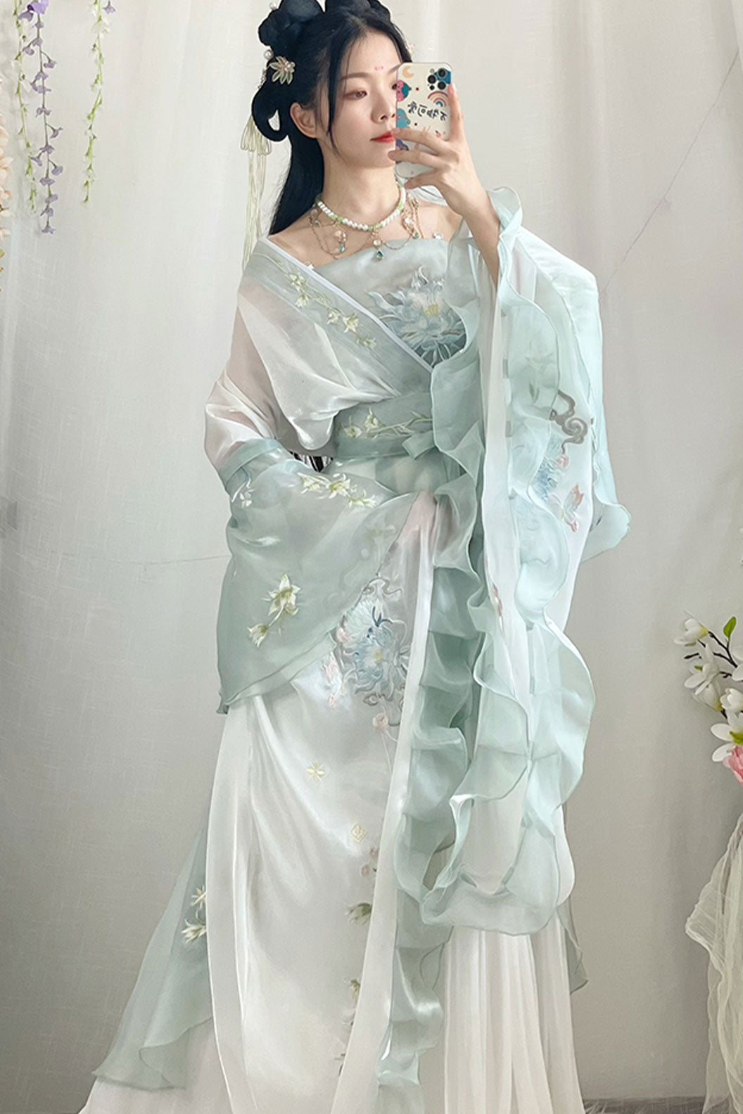 Wei Jin dynasty green high waisted print embroidery sweet hanfu dress - jieyou 解忧