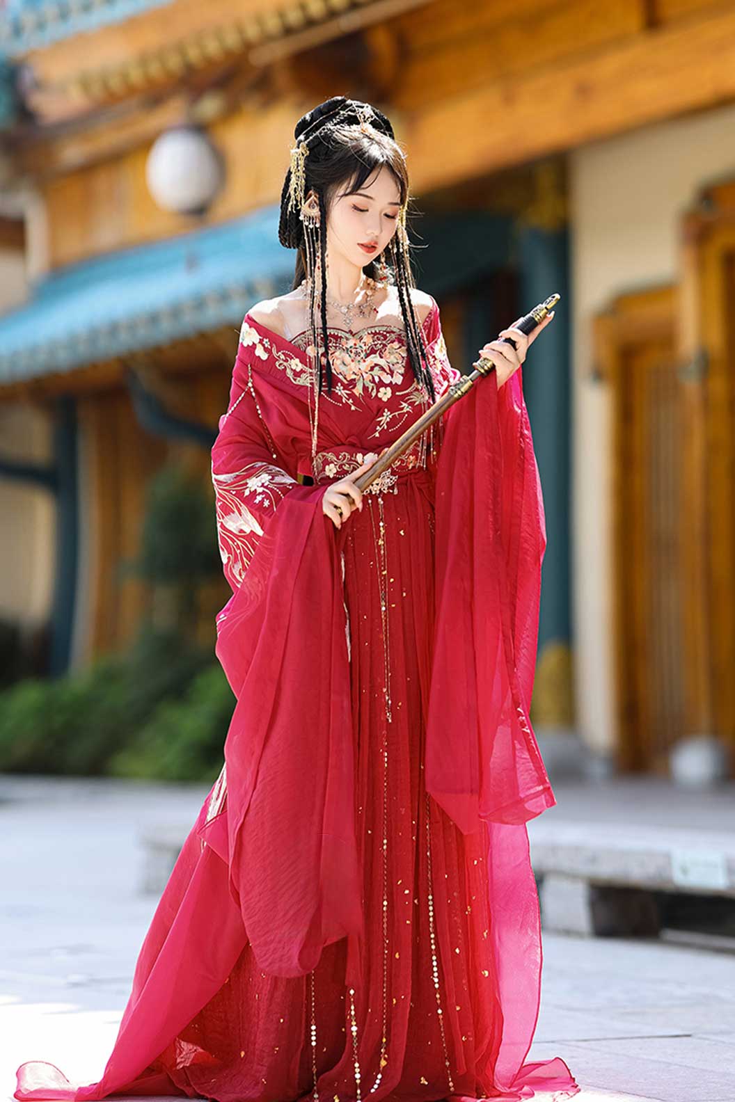 Wei Jin dynasty red hot stamping embroidery women's classic hanfu dress - diji 帝姬