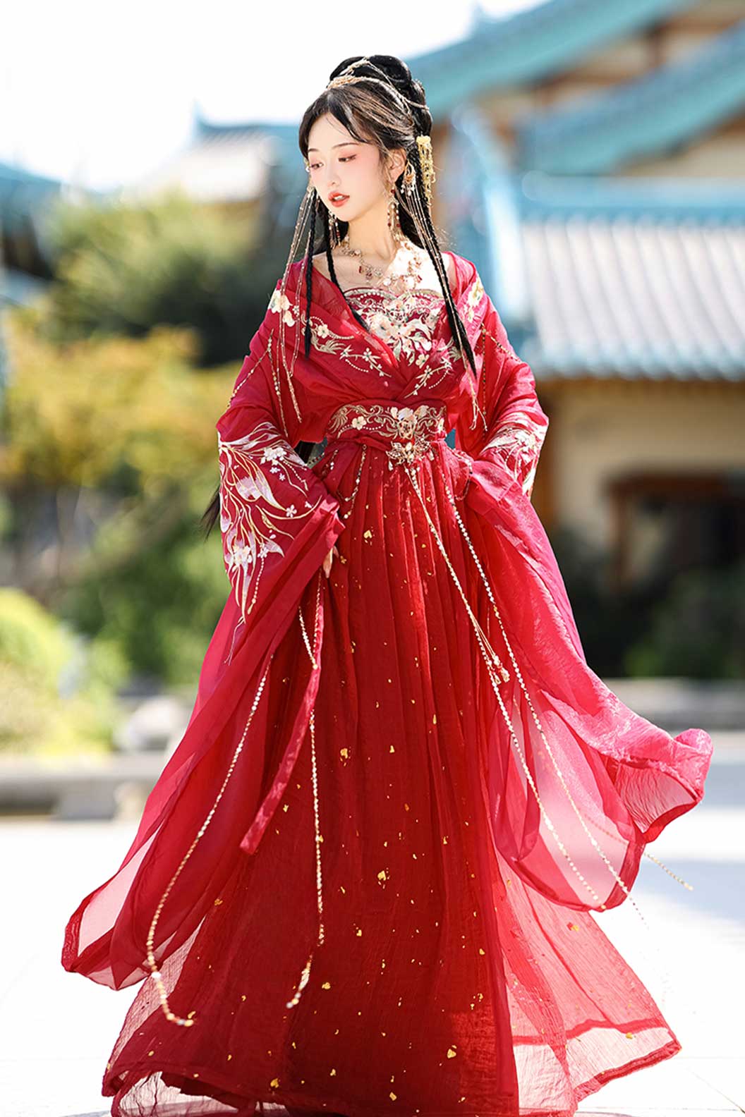 Wei Jin dynasty red hot stamping embroidery women's classic hanfu dress - diji 帝姬