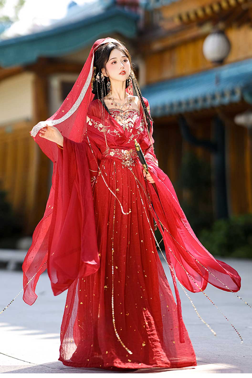 Wei Jin dynasty red hot stamping embroidery women's classic hanfu dress - diji 帝姬