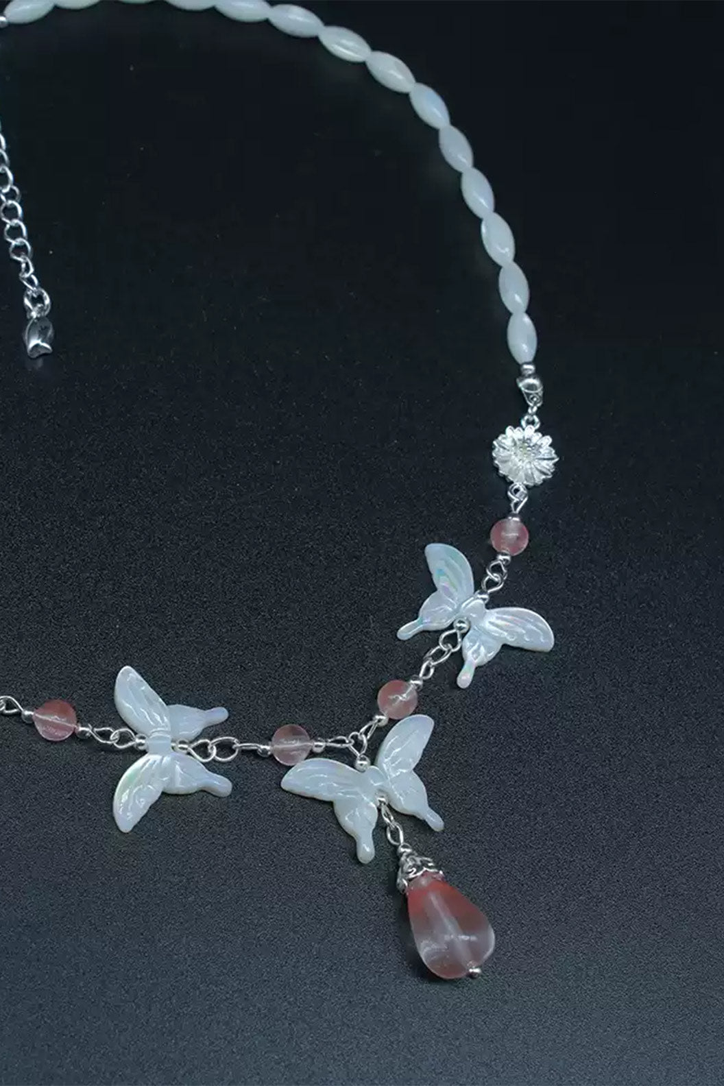 White Shell Butterfly Pink Beaded Chinese Style Necklace