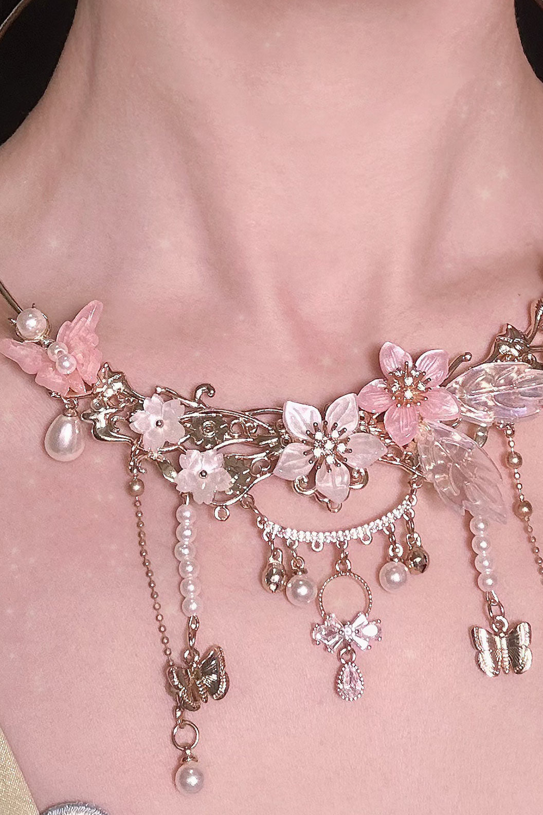 Zircon Flower Pearl Choker Chinese Style Necklace