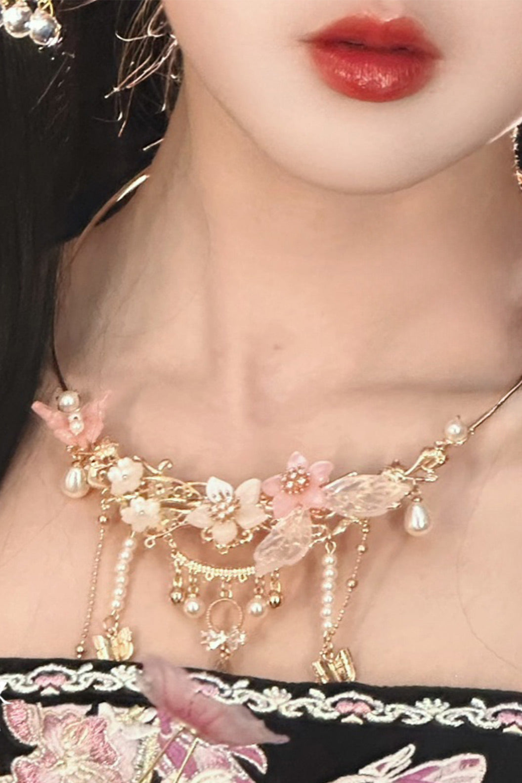 Zircon Flower Pearl Choker Chinese Style Necklace